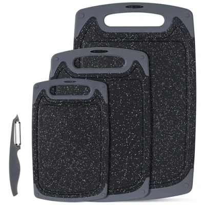 Image of Chopping Board Set, Kitchen Cutting Boards with Non Slip Feet and Deep Drip Juice Groove, 3PCS BPA Free Plastic Dishwasher Safe Board, Black