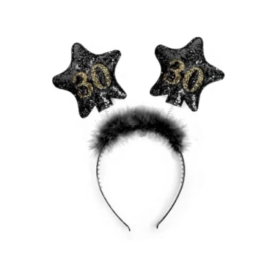 Image of PartyDeco 30th Birthday Hairband for Unisex Black/Gold Headband with Feathers, Stars, and Number 30 Fun Party Accessory Celebrating Birthdays