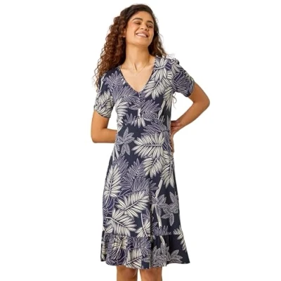 Image of Roman Originals Swing Tea Dress for Women UK Ladies Skater Midi A Line Fit &amp; Flare Summer Casual Smart Spring Cocktail Party Holiday Going Out Work Cruise Button Through Long Navy White Size 18