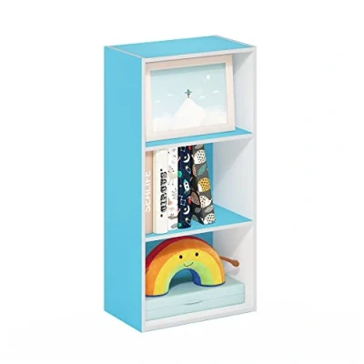 Image of Furinno Luder 3 Tier Open Shelf Bookcase, Light Blue/White