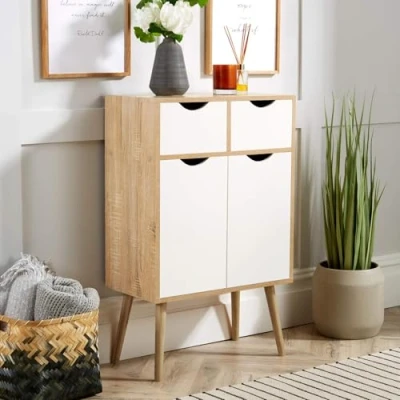 Image of Home Source Sideboard Storage Cabinet, 2 Door, Drawer Cupboard, Solid Wood Legs, Oak Effect White, Scandi Style