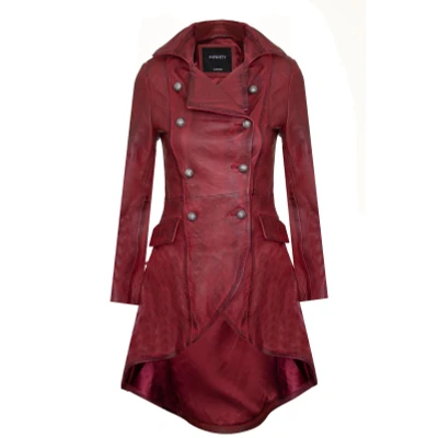 Image of Women&#039;s Gothic Burgundy Leather Edwardian Victorian Flare Coat