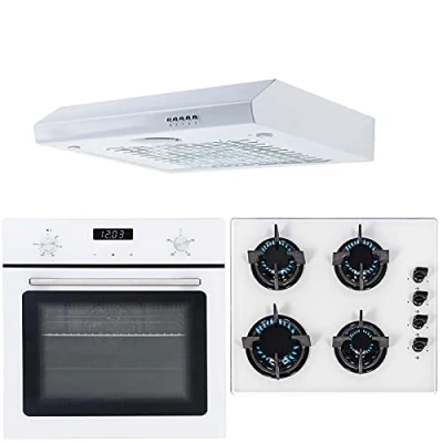 Image of SIA 60cm SO103WH White Electric True Built In Single Fan Oven, GHG602WH 4 Burner Gas on Glass Hob &amp; STH60WH Slimline Visor Cooker Hood Extractor