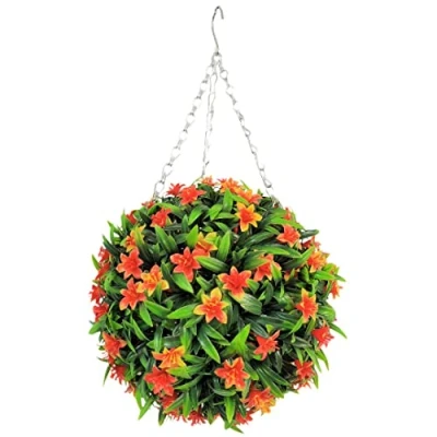 Image of Best Artificial 28cm Lily Topiary Hanging Flower Ball **UV Fade Protected** (Orange)