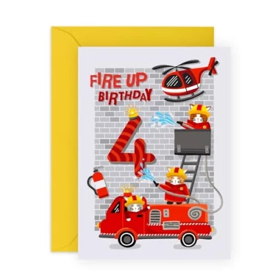 Image of Central 23 Happy 4th Birthday Card Boy Fire Engine Helicopter Boys For Fourth 4 Year Old Gifts Son Grandson Kids Age Four Comes With Stickers