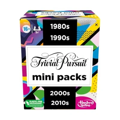 Image of Trivial Pursuit mini packs, multipack, fun questions for adults and young people aged 16 over, contains 4 games spanning decades, language English