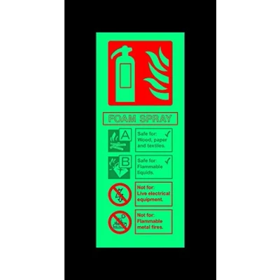 Image of Foam fire extinguisher safety sign 200mm x 80mm 1.2mm Photoluminescent rigid plastic with self adhesive backing