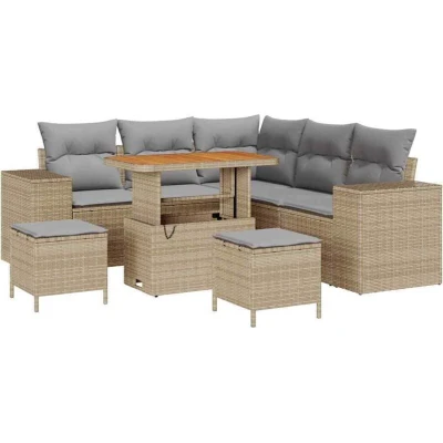Image of vidaXL 8 Piece Garden Sofa Set with Cushions Beige Poly Rattan Acacia