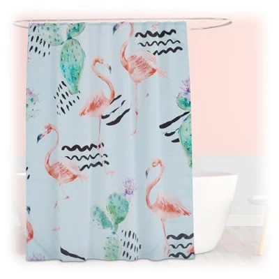 Image of Relaxdays Shower Curtain, Flamingos, 180 x 200 cm, Mould Resistant, Washable, 12 Rings, for Bathtub, Multicoloured, Polyester