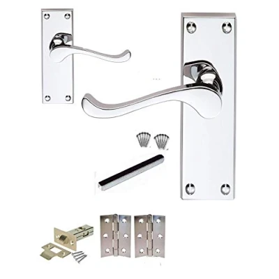 Image of Haven Heritage 7 Sets of Victorian Scroll Latch Door Handles Polished Chrome Hinges &amp; Latches Pack 118MM X 40MM
