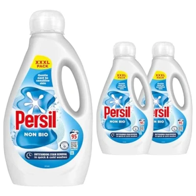 Image of Persil XXXL Washing Liquid Detergent Outstanding Stain Removal Quick and Cold Wash Tough on Stains Gentle Next to Sensitive Skin 95 Washes, 2.565 Litre (Pack of 3, Non Bio)