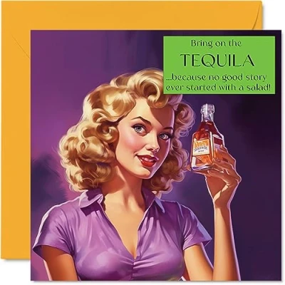 Image of Fun Birthday Cards for Women Bring On The Tequila Card Sister Daughter Bestie Work Colleague, 145mm x Joke Humour Banter Bday Greeting