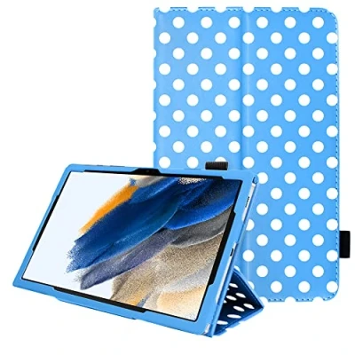 Image of TECHGEAR Leather Case for Samsung Galaxy Tab A8 10.5&quot; (SM X200 / SM X205) Premium PU Slim Folio Stand Smart Cover with Hand Strap, Auto Sleep/Wake [Polka/Light Blue]