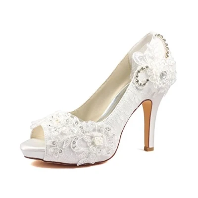 Image of Emily Brida Lace Wedding Shoes Ivory Peep Toe High Heel Bridal (EU37/UK4, Ivory)