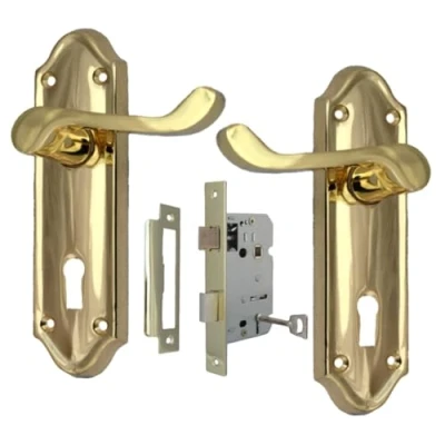Image of Brass Plated Internal Lock Door Handles Sets, Handle Set for Doors, in (1 Pair of + 3LEVER MORTICE SASH Lock)