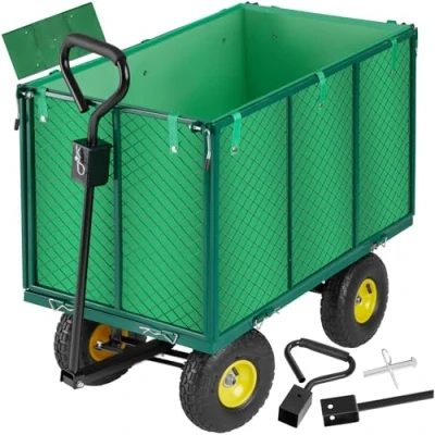 Image of tectake® Garden Trolley with Quick Release Folding Sides, Removable Inner Lining, Padded Handle, Pneumatic Tyres, Tow Coupling &amp; 544kg Capacity on Wheels for Garden, Beach Festival Green