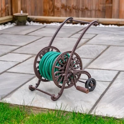 Image of Woodside Cast Iron Garden Water Hose Reel with Wind Up Handle &amp; Wheels, 30m Capacity