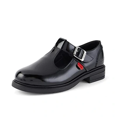 Image of Kickers Junior Girl&#039;s Lach T Bar Leather School Shoes, Patent Black, 13 UK Child