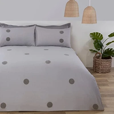 Image of Sleepdown Embroidered Tufted Polka Dot Circles Grey Luxury Soft Cosy Easy Care Duvet Cover Quilt Bedding Set with Pillowcases King (230cm x 220cm), 5056242836070