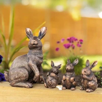 Image of Garden Mile Set of 4 Resin Rabbit Ornaments Family Novelty Home Bronze Effect Outdoor Indoor Decoration for Patio Decking Pondside Standing Weatherproof (Rabbit Family)