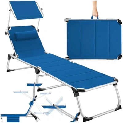 Image of TecTake® Folding Sun Lounger with Padding Adjustable 6 Position Backrest &amp; Canopy, Aluminium Frame, Side Pocket Removable Headrest Weather UV Resistant Garden Chair Blue