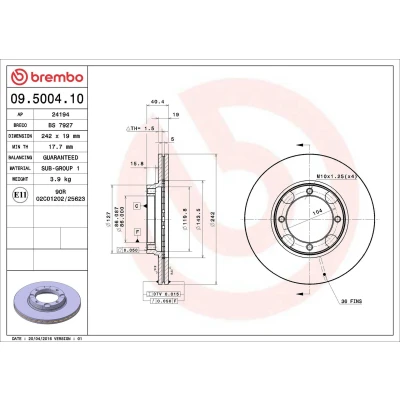Image of 5171221350, 5171221350DS, 5171221357, 5171221B00, 5171224100 Brake disc BREMBO 09.5004.10 242mm 19mm 4 internally vented HYUNDAI: ACCENT 1