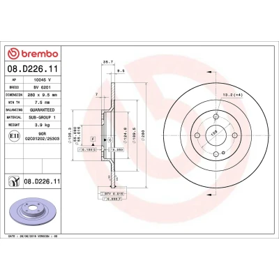 Image of 6000612254 Brake disc BREMBO 08.D226.11 280mm 9,5mm 4 solid Coated ABARTH: 124 Spider, FIAT: Spider