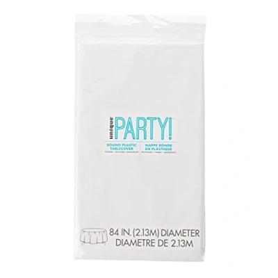 Image of White Solid Round Plastic Table Cover (213cm) 1 Count Vibrant &amp; Durable Party Essential for Easy Cleanup and Decoration