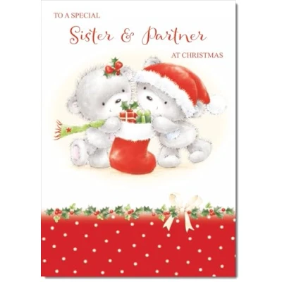 Image of doodlecards Sister and Partner Christmas Card Cute Bears with Stocking Medium Size for &amp; Plain Envelope