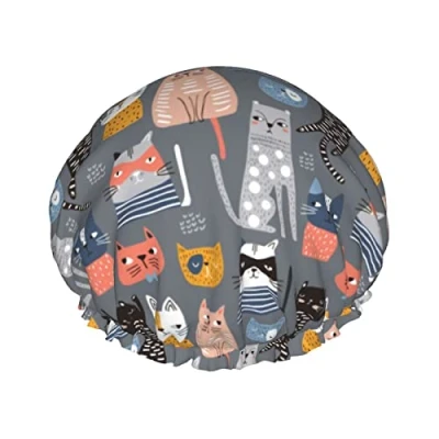Image of Cute Cats Shower Caps For Women,Waterproof Reusable Hair Bath Turban Cap Girls