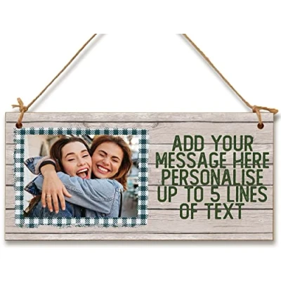 Image of Personalised Wooden Plaque with Photo Add Your Own Message Friendship BFFs Family Door Sign Hanging Gift Home Decor