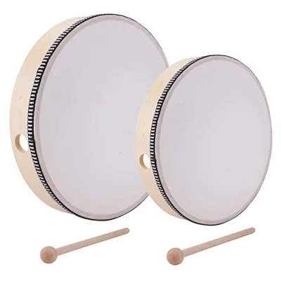 Image of Lawei 2 Pack Hand Drum Instrument Percussion Wood Frame Drums with Stick 10 Inch &amp; 8 Inch/ 25.5 cm 20.3