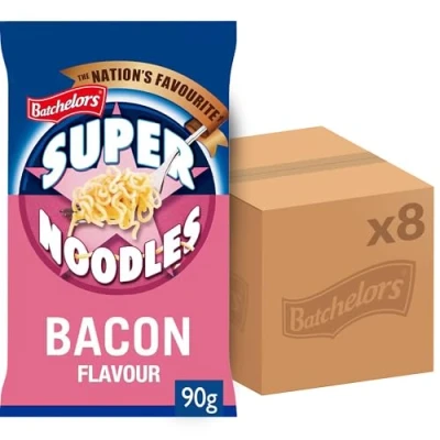 Image of Batchelors Super Noodles Bacon Flavour, Instant Snack Ready in 4 Minutes, 90 g Packet (Pack Of 8)
