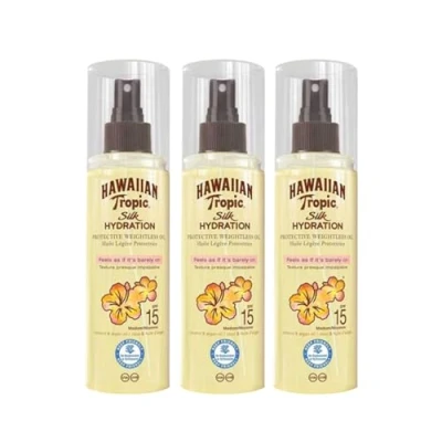 Image of Hawa Iian Tropic Silk Hydration, Dry Oil Mist Spray, Protective Weightless Oil, Lightweight Sunscreen, Non Greasy, UVA &amp; UVB Protection, SPF 15, 150ml (3PCS)