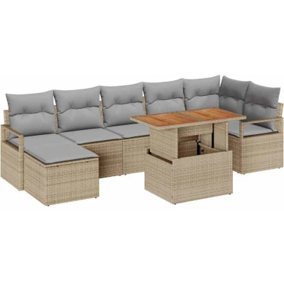 Image of vidaXL 8 Piece Garden Sofa Set with Cushions Beige Poly Rattan Acacia