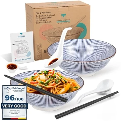 Image of Urban Lifestyle Ramen Bowl Dinner Set for 2 People, Porcelain, 20cm, Capacity 0.8 1 L, Soup Bowl, Salad Pho Noodles, Cereal Bowls, (Tokus)