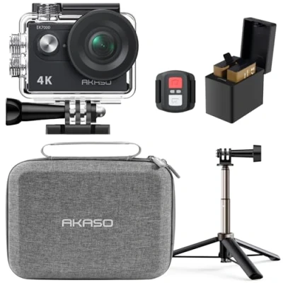 Image of AKASO EK7000 Action Camera Selfie Stick Bundle Includes 4K30FPS Underwater Camera, Stick, 2 Batteries, Carrying Case, and Accessory Kits