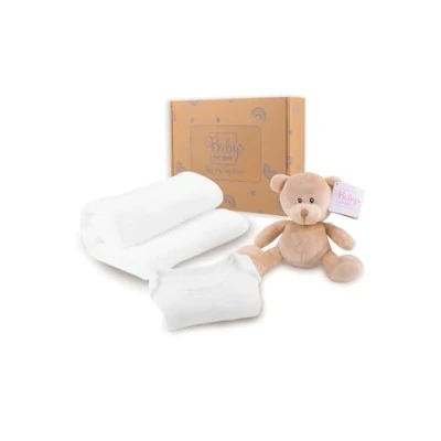 Image of Baby Box Shop 4 Newborn Essentials, Unisex Gift Includes a Beige Teddy Bear, White Bodysuit and Fleece Blanket Ideal as Shower Gifts &amp; Christening