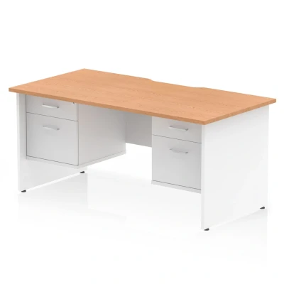 Image of Impulse 1600 x 800mm Scalloped Edge Straight Office Desk Oak Top White Panel End Leg Workstation 2 Drawer Fixed Pedestal