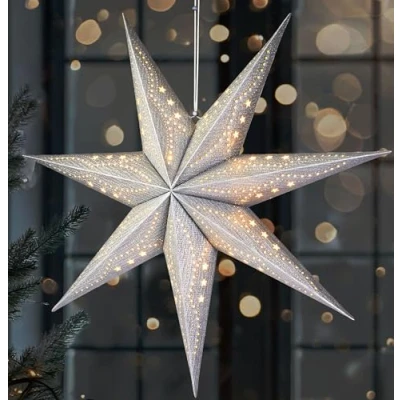 Image of BRUBAKER 3D Christmas Star to Hang Up LED Paper with Timer 23.6 inches (60 cm) Advent Modern Pattern Battery Operated and Illuminated Decoration for Windows Silver