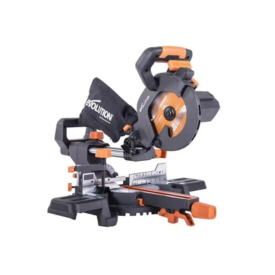 Image of Evolution Power Tools R185SMS+ Compound Saw with Multi Material Cutting, 45 Degree Bevel, 50 Mitre, 210 mm Slide, 1200 W, mm, 230 V, (3 Year Warranty)