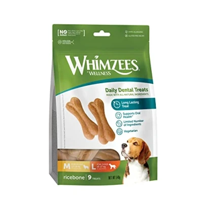 Image of WHIMZEES By Wellness Rice Bone, Natural and Gluten Free Dog Chews, Dental Sticks for Medium Large Breeds, 9 Pieces, Size M/L