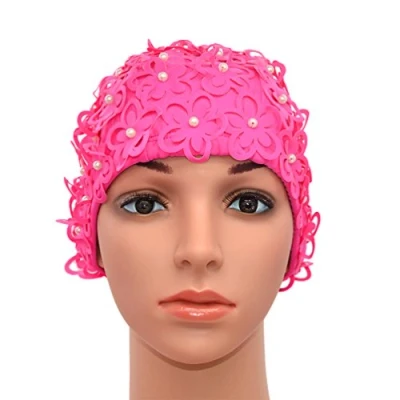 Image of Medifier Hollow Flowers Pearls Sewn by Hand Women&#039;s Ladies Swimming Hat Swim Cap Bathing (Rose Red)