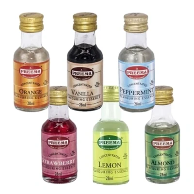Image of Food Flavouring Essence Bundle Containing 6 Preema Flavours/Essences (Peppermint, Almond, Vanilla, Strawberry, Orange, Vanilla)