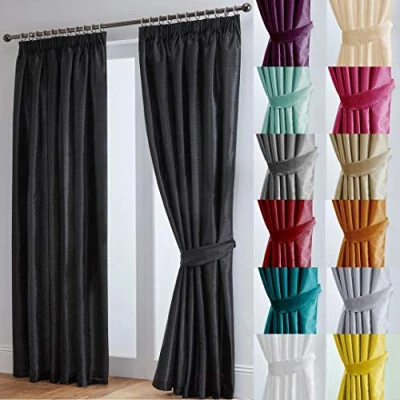 Image of John Aird Luxury Faux Silk Fully Lined Pencil Pleat Curtains With Matching Tie Backs (Black, 117cm Width x 183cm Drop (46&quot;x 72&quot;)