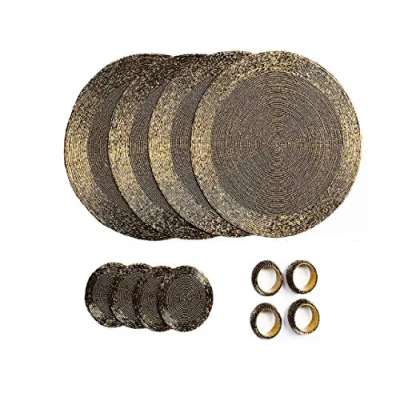 Image of Penguin Home Handcrafted Glass Beaded Round Placemats, Coasters &amp; Napkin Rings Set of 12 Handmade Table Place Mats for Dining 32 cm (13&quot;) Diameter (Antique Gold)