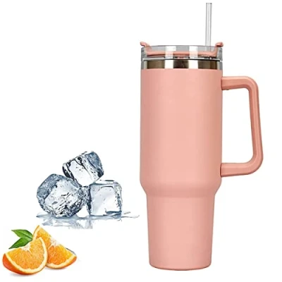 Image of Juliyeh Travel Mug with Handle, Cup Straw and Stainless Steel Coffee Lid Mug, Insulated Water Bottle for Hot Iced Drink (Pink)