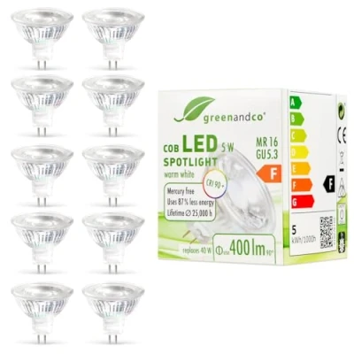 Image of greenandco® CRI 90+ MR16 GU5.3 LED Spot 5W Replaces 40W 400lm 3000K (Warm White) 38 Beam Angle 12V AC/DC Glass Body with Protective Glass, 10 Pack