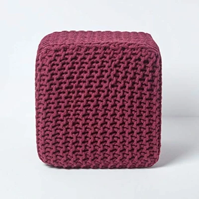 Image of HOMESCAPES Plum Knitted Cube Footstool Bean Filled 100% Cotton for Living Room Children or the Elderly