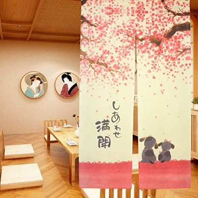 Image of LIGICKY Japanese Doorway Curtain Noren Printed Happy Dogs Cherry Blossom Tapestry For Home Decoration 33x59inch